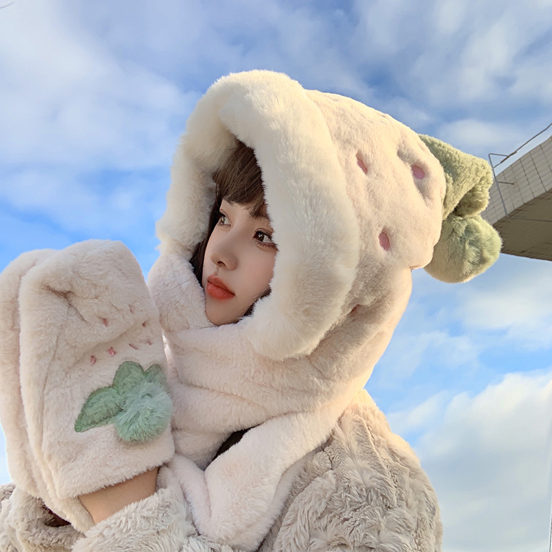 Cappello di Natale per bambini, dolce e carino, sciarpa e guanto di peluche alla fragola, in un unico pezzo, peluche invernale, addensamento caldo tre_voghion.com
