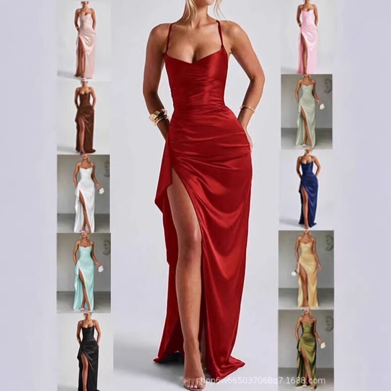 2026 New European and American Summer Style Elegant and Fashionable Solid Color Long Dress with Shoulder Straps and Slit for Women