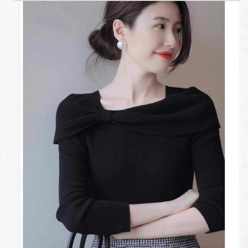 UMOOIE элегантное качественное маленькое платье Онлайн высокой плотности черный шерстяной свитер пуловер