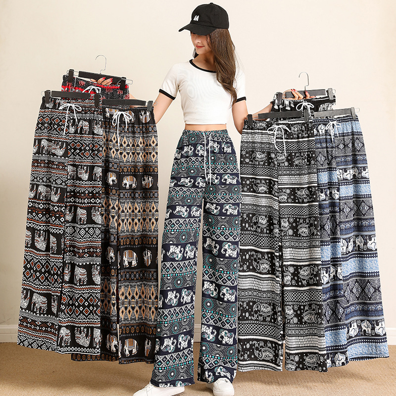 Southeast Asian Internet Celebrity Ethnic Style Thai Elephant Wide-Leg Pants for Women, Creative Beach Pants, High-Waisted, Drapey, Slimming Straight-Leg Pants