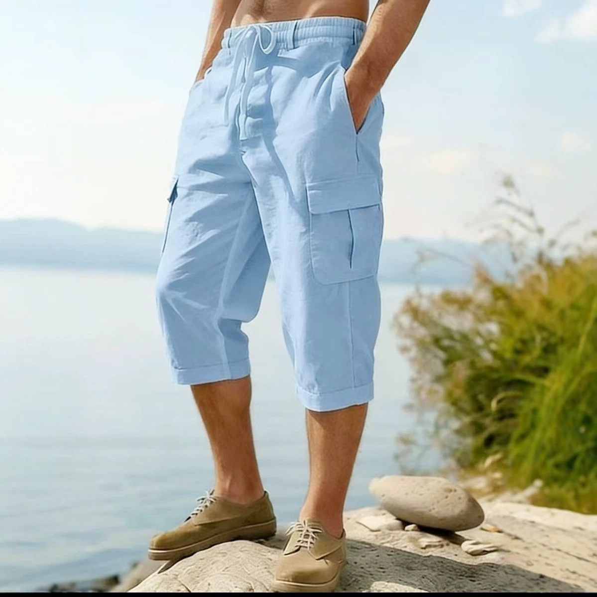 Men's Linen Cargo Pants All Season Thin Multiple Pockets Loose Casual Wide Leg Capri Pants_viptrois.com