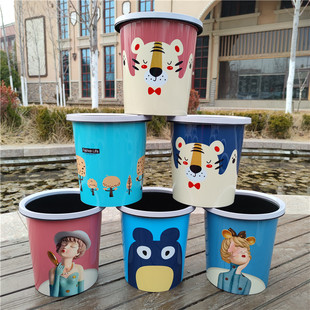 Plastic press ring trash can cartoon decal trash basket wood grain trash can office living room storage bucket