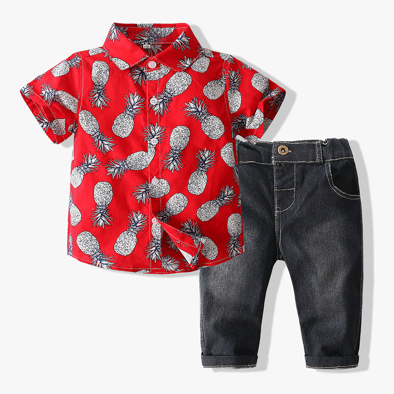 Amazon Cross-border Foreign Trade Children's Wear 2021 Summer New Boys' Suit Pineapple Printed Shirt Jeans Suit