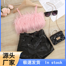 亚马逊热销爆款毛毛吊带上衣纯色开袋皮裤套装附腰带欧美跨境专供