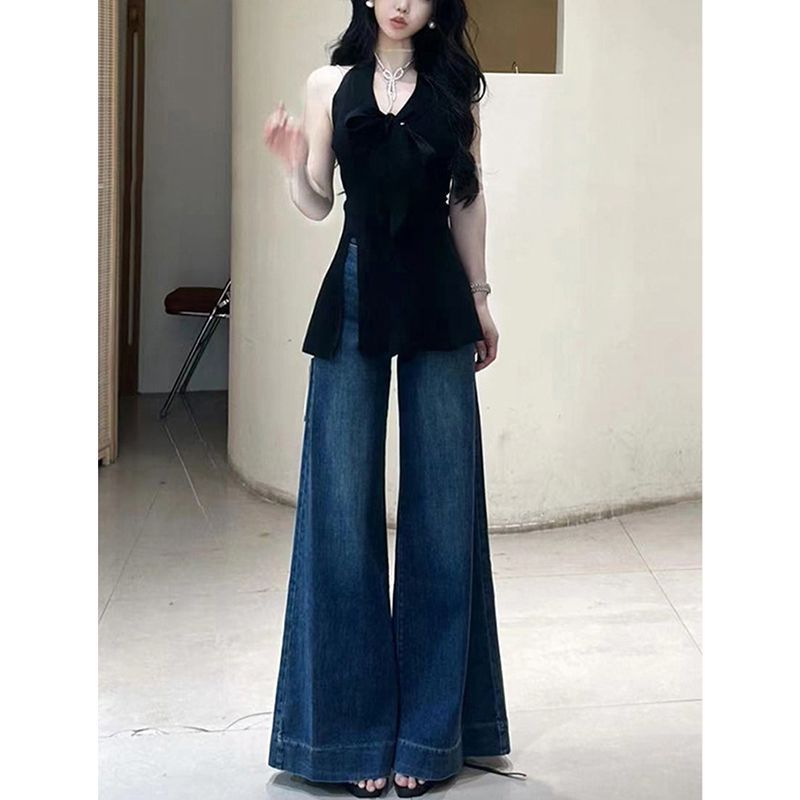 Simple Light Color Stretch High Waist Jeans Women's Early Spring and Autumn New Big Horn Straight Wide Leg Pants