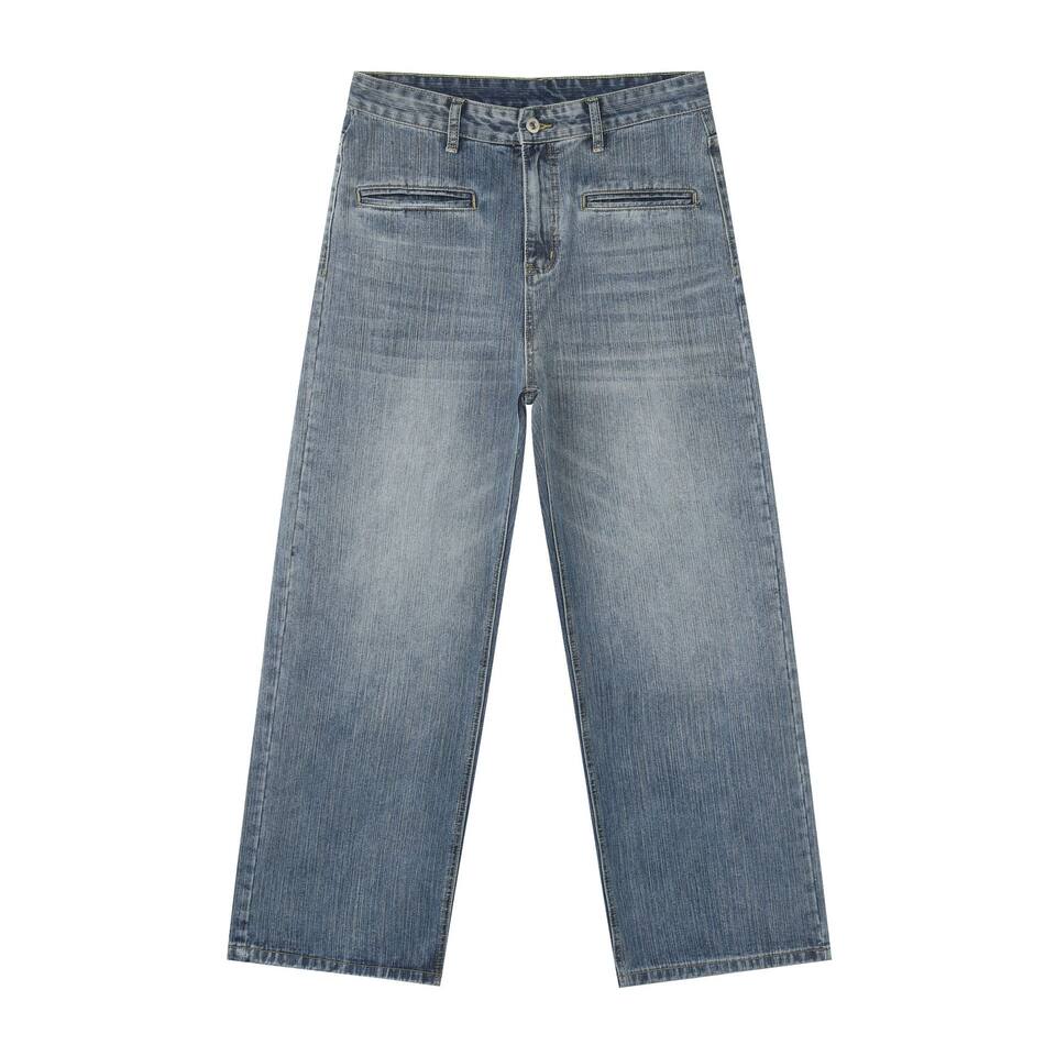 Quần jeans nam ống rộng suông thẳng túi trước họa tiết vân tre — màu xanh