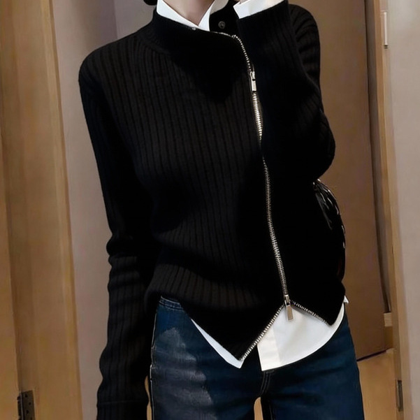 Unique Designer Fashion Trendy Versatile Avant-Garde Popular Black Knitted Sweater for Women 2026 Winter Side Zipper Cardigan Unique Designer Fashion Trendy Versatile Avant-Garde Popular Black Knitted Sweater for Women 2026 Winter Side Zipper Cardigan
