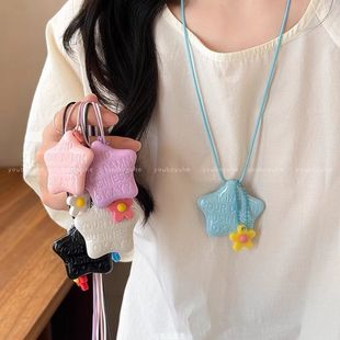 Colorful Stars and Letters Makeup Mirror Necklace Women's Summer Dopamine Sweet Flower Sweat Chain Long Hanging Neck Accessories