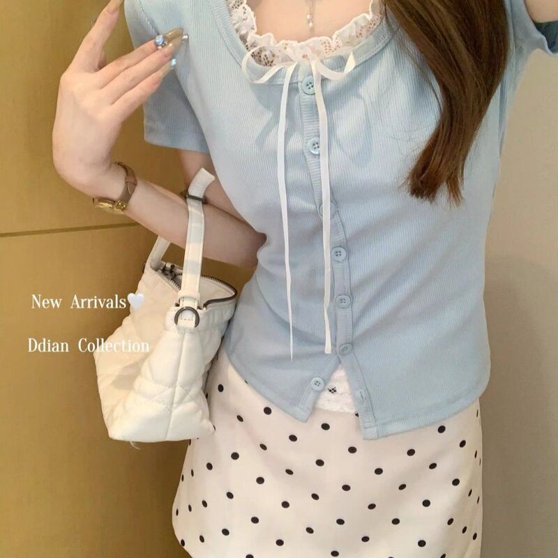 Summer Fake Two-Piece Lace Splicing Short-Sleeved T-Shirt for Women 2025 New Pure Lust Style Inner Slim Bottoming Shirt Top Summer Fake Two-Piece Lace Splicing Short-Sleeved T-Shirt for Women 2025 New Pure Lust Style Inner Slim Bottoming Shirt Top