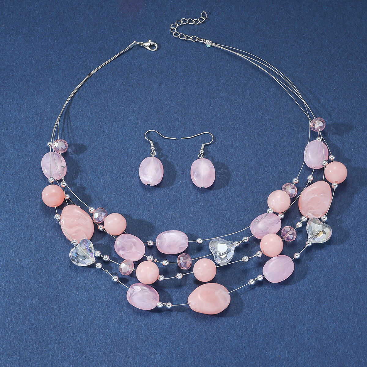 Fashionable Japanese-style Korean-style Love Pink Beaded ins Temperament Simple Three-piece Set Women's Jewelry Set