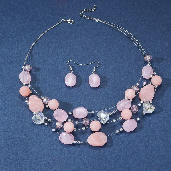 Fashionable Japanese-style Korean-style Love Pink Beaded ins Temperament Simple Three-piece Set Women's Jewelry Set