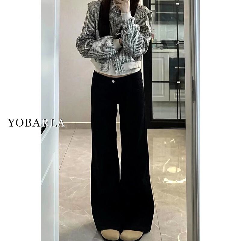 New Style Hot Girl Low-Waist Slimming Loose Versatile Flared Long Pants for Petite Women Black Wide-Leg Jeans