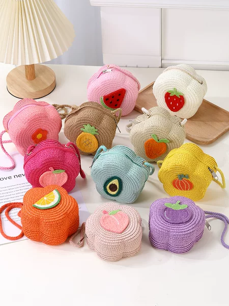 Flower Straw Woven Bag Women's 2025 New Island Beach Straw Bag Children's Cute Fruit Crossbody Small Bag Summer