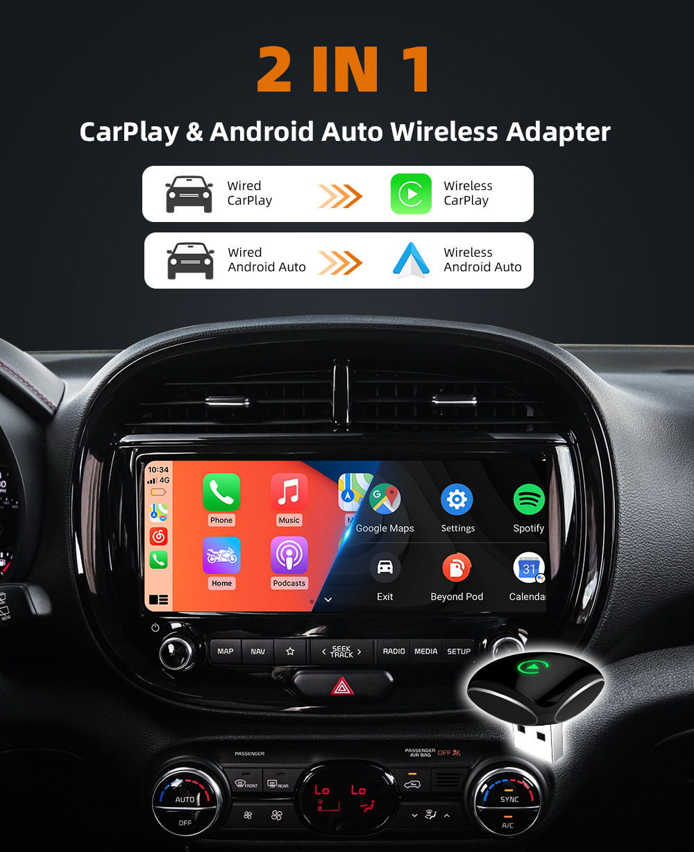 Cross-border best-selling mini portable wireless CarPlay adapter, compatible with Apple/Android devices, a 2-in-1 in-car connectivity box