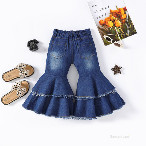 Cross-border Kids' Clothing: Spring/ Autumn European & American-style Double-layer Raw-edge Denim Pants – Versatile Denim Flared Trousers for Girls