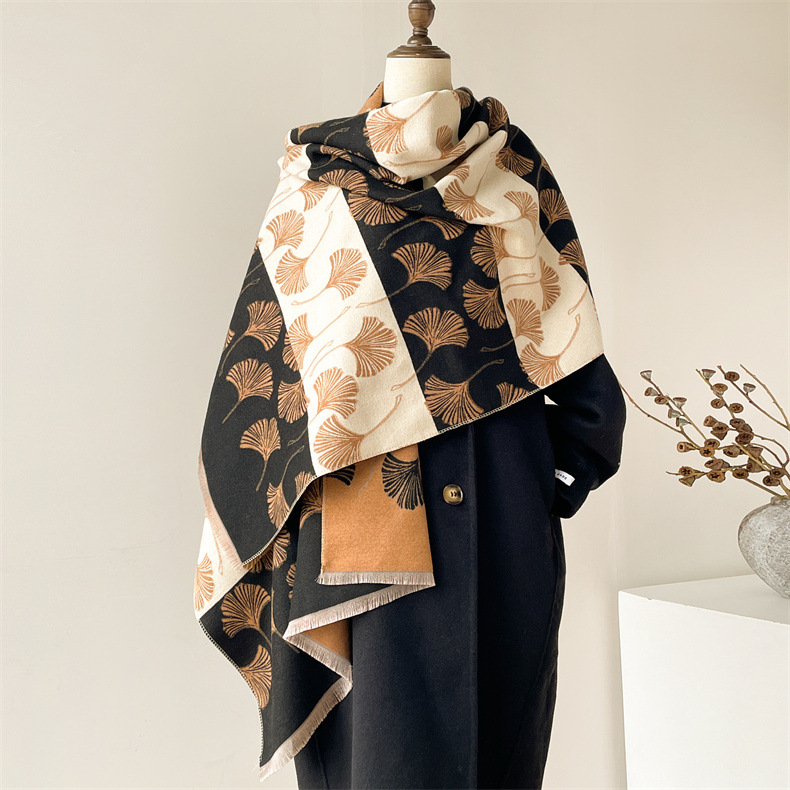 684g Weight Scarf Classification Outdoor, Daily Occasion Imitation cashmere Material Ginkgo Leaf Pattern Autumn&Winter Season Women's Gender Japanese Style, Sweet Style Women's Japanese Style Sweet Ginkgo Leaf Imitation Cashmere Scarf 13