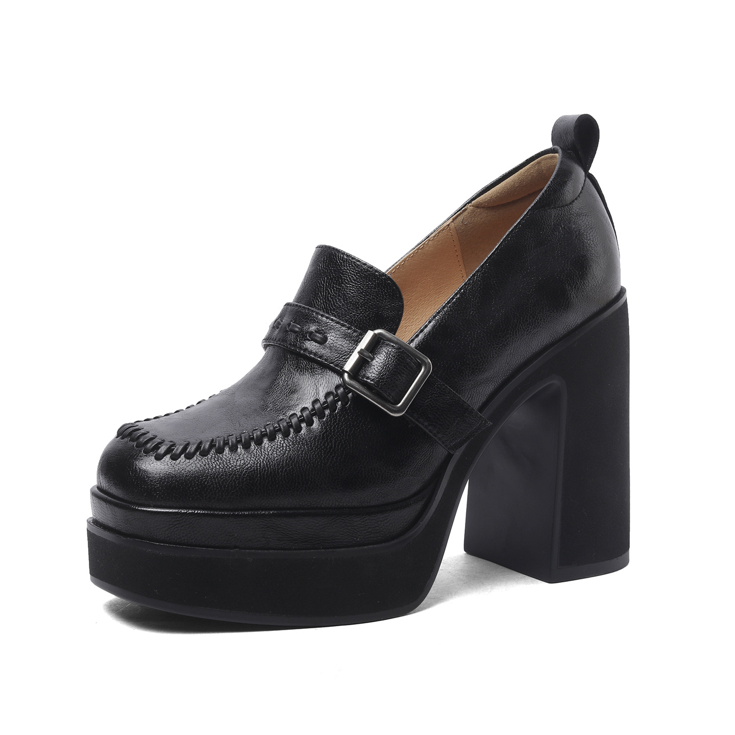 Giày cao gót nữ mũi vuông gót thô đế xuồng 12 cm — màu đen, màu cà phê