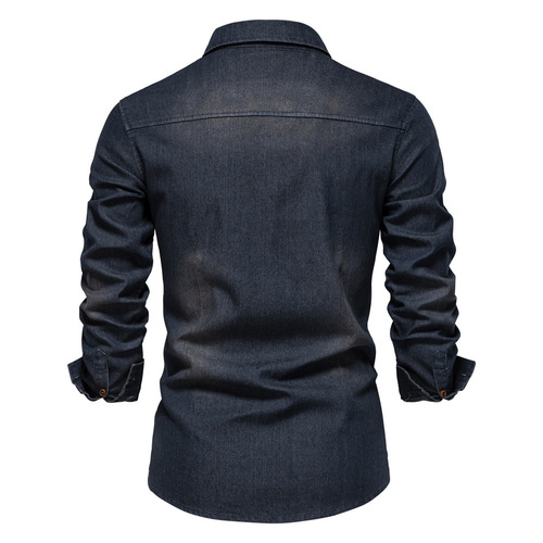 2024 Men's Foreign Trade Cross-border European Code Denim Collared Shirt Men's Casual Solid Color Men's Denim Long Sleeve Shirt