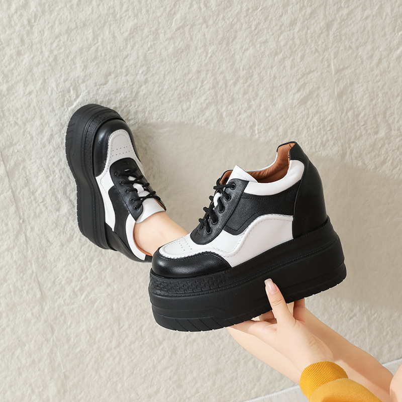 Giày trắng da thật tăng chiều cao 12cm, đế xuồng platform đa năng — Trắng đen-10