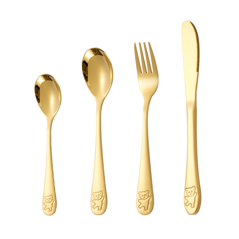 Los niños de acero inoxidable 304 cuchillo y tenedor cuchara Oso de dibujos animados comida occidental de cuatro piezas traje caja de regalo cuchara de té de jardín de infantes