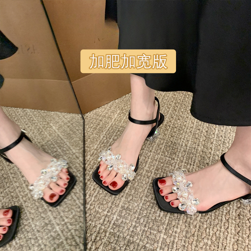 Widened Thick Heel Sandals for Women, New Summer Outer Wear, Fat Feet, Large Size Women's Shoes 41 to 43 Rhinestone High Heels