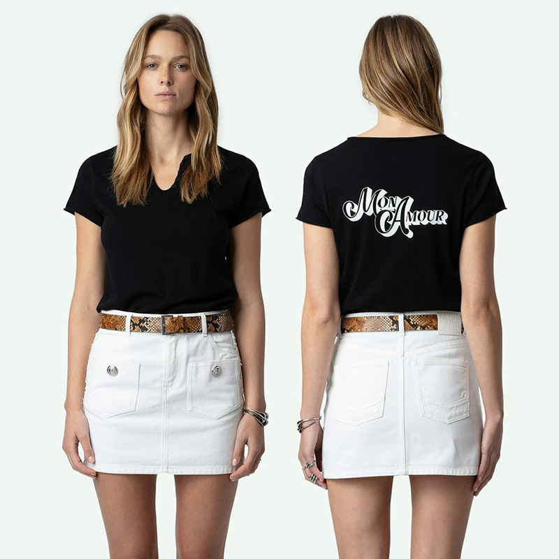 25 New Summer Style French Niche Classic Letter-Printed U-Neck Black Women's Short-Sleeved T-Shirt