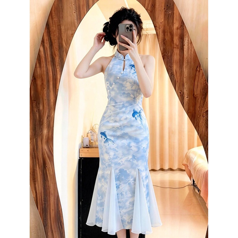 New Chinese-Style Women's Clothing, Blue Koi Print Halter-Neck Improved Cheongsam Dress, Summer National Style Hanfu Dress Set