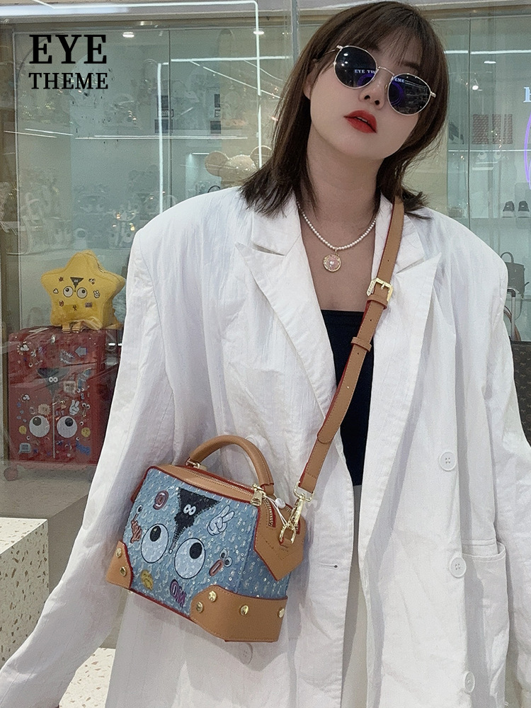 Color contraste de dama lienzo denim bordado bolso de hombro adorable diseño de nicho cremallera inclinada 2705#