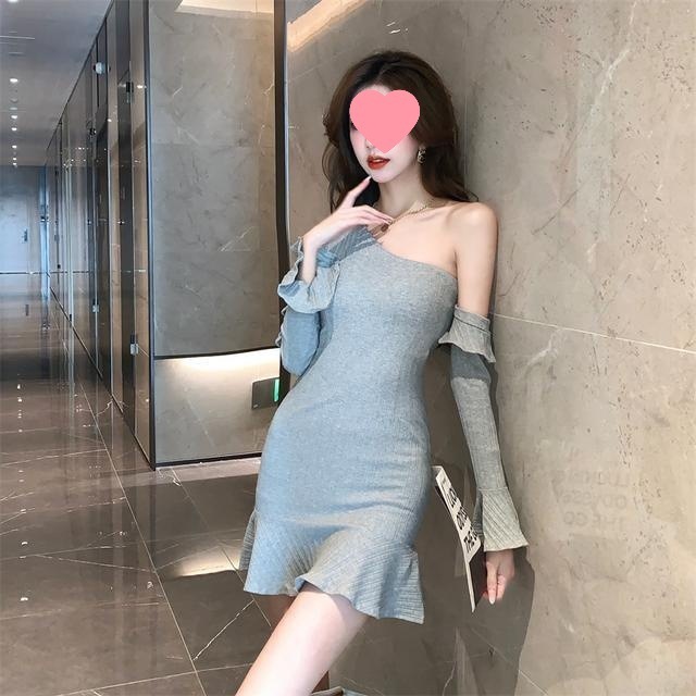法式露肩喇叭长袖针织连衣裙女收腰修身包臀鱼尾裙小个子打底短裙|undefined
