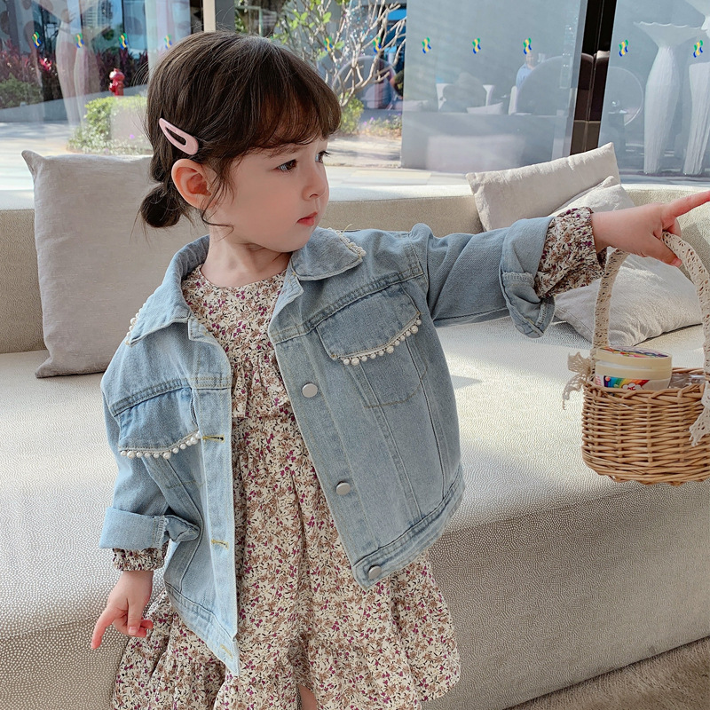 Korean style girls' spring new children's Pearl Denim coat baby spring and autumn jacket Western style cardigan denim jacket