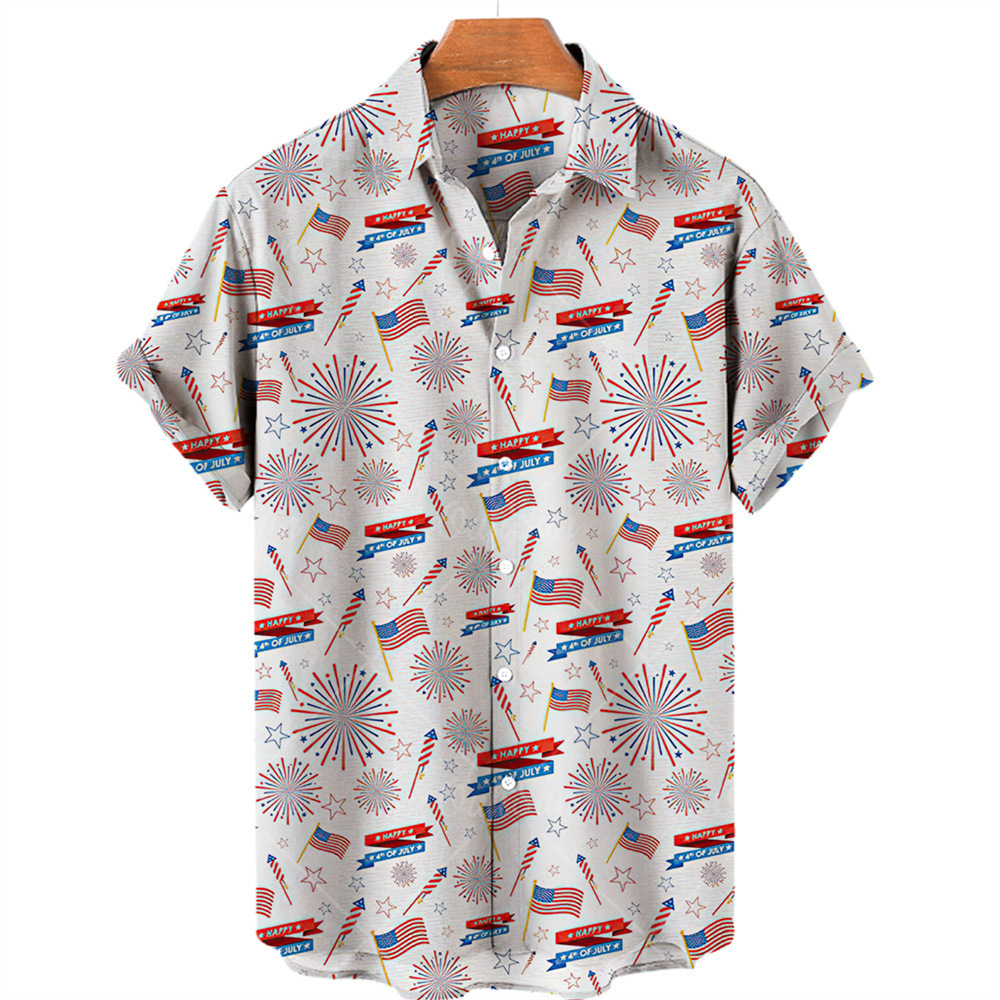 Camisa de estilo nuevo para hombres europeos y americanos transfronterizos bandera estadounidense estampada en 3D Camisa de manga corta de moda de playa de Hawaii