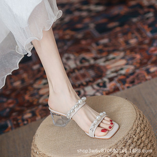 French Style Pearl Crystal Heel Sandals Women's 2023 Summer High-end Coarse Heel Slippers High Heels Outerwear Sandals