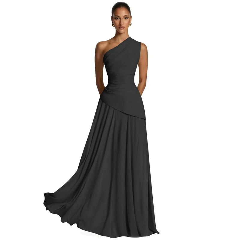 High-End Black Dress with Asymmetrical Design, Waist-Cinching Long Evening Gown for Annual Meetings, Banquets, and Parties High-End Black Dress with Asymmetrical Design, Waist-Cinching Long Evening Gown for Annual Meetings, Banquets, and Parties