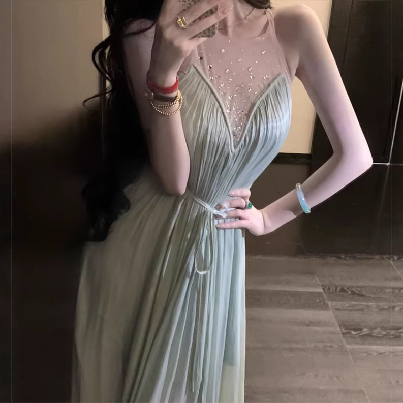 【Lover's Tears】Summer Dress with a Stylish, Shiny, Ruched A-Line Design, Embellished with Rhinestones and Mesh Patchwork, Pleated Long Dress