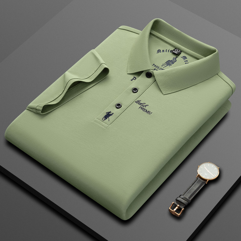 Counter mercerized cotton men's POLO shirt short sleeve 2024 summer new casual loose green middle-aged men's T-shirt