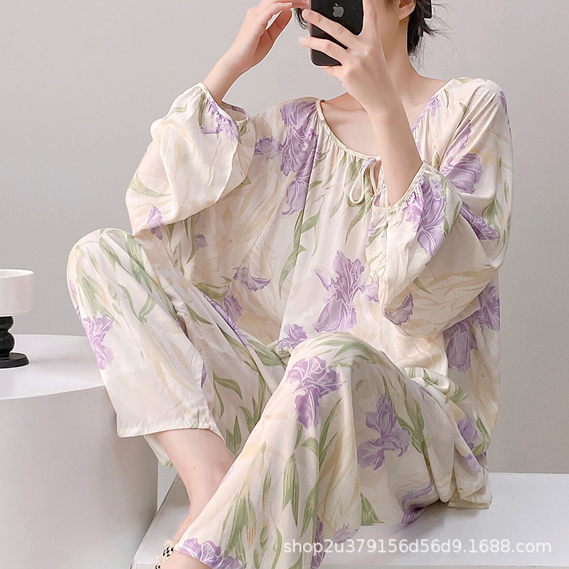Cotton Silk Pajamas for Women Summer Long-Sleeved Cool Skin-Friendly Breathable Cotton Silk Home Clothes Air-Conditioned Clothes Suit Spring & Fall Thin Style