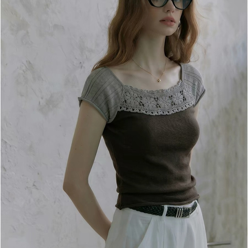 French-Style Retro Deep Coffee-Colored Lace Round-Neck Sleeveless Top for Women, Summer Design, Beautiful and Slim-Fitting T-Shirt for Petite Figures