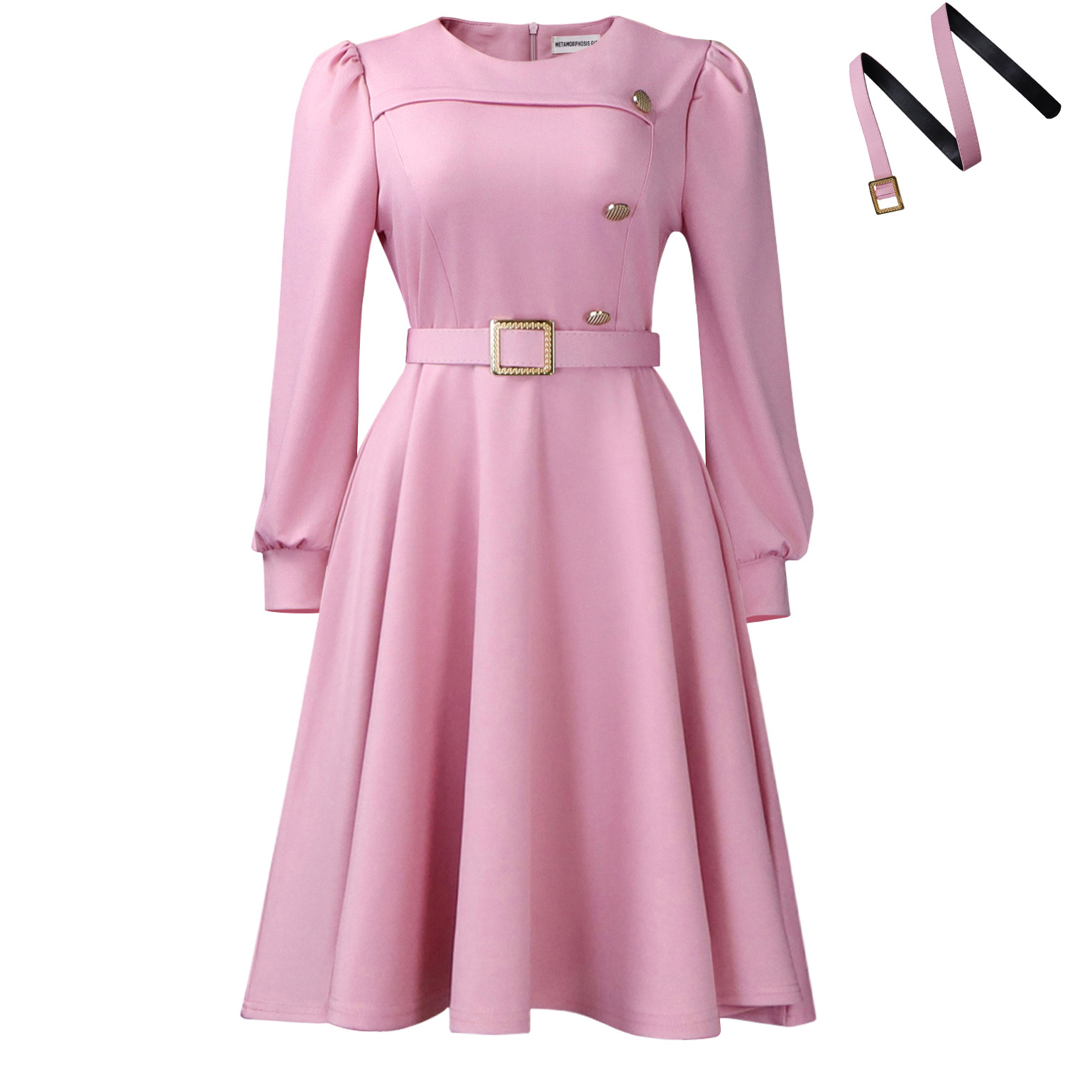 Women's Elegant Long-Sleeve Solid Color High Waist Party A-Line Dress