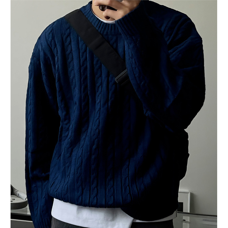 Dark Blue Hemp Pattern Off-Shoulder Outer Knitwear for Men, Korean Style Lazy Knitwear, Thickeneded Round Neck Bottoming Knitwear