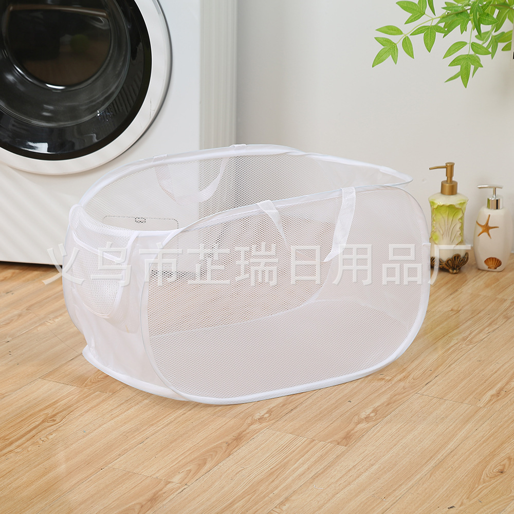 Nuevo estilo cesta de lavandería plegable transpirable cesta de lavandería color sólido malla cesta de ropa sucia cesta de almacenamiento entrega de una sola pieza