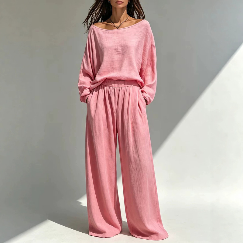 2026 Autumn New Fashion Casual Solid Color Women's Outfit: Long Sleeve Top Paired with Wide-Leg Trousers Two-Piece Set for Women