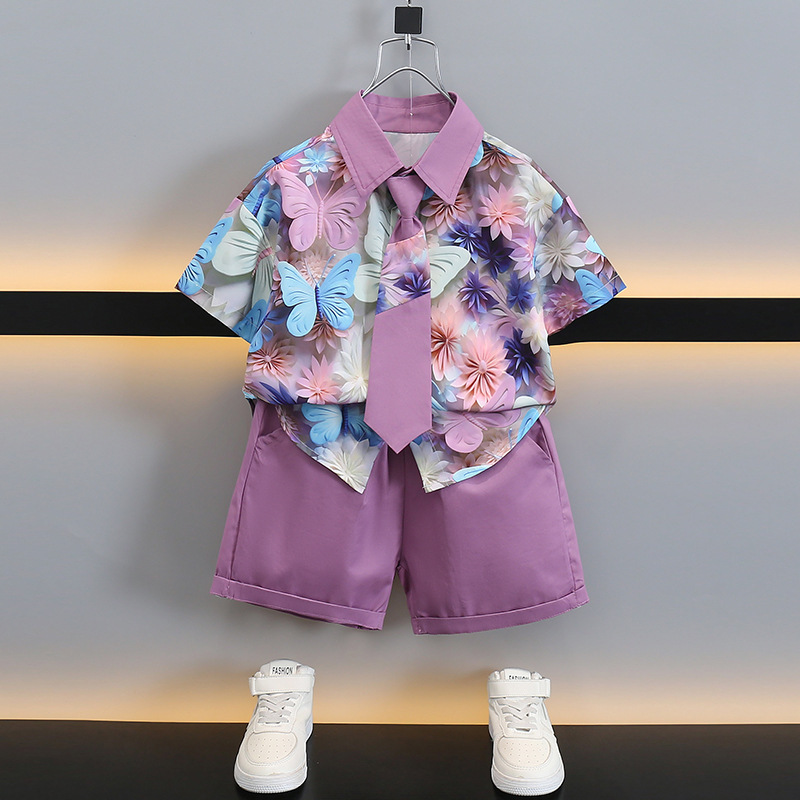 男の子の夏のシャツスーツ 2025 新しい子供の夏服ファッショナブルなインターネット有名人の赤ちゃん半袖ハンサムなネクタイの服|undefined