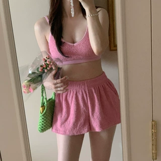 2024源头工厂韩国ins新品纯色毛巾面料吊带背心 松紧腰短裤泳衣女