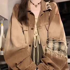 美式牛仔外套拼接新款美式复古宽松设计撞色春秋工装上衣夹克