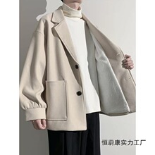 感羊羔绒外套男秋冬款米色短款毛呢大衣宽松轻熟风衣休闲西装