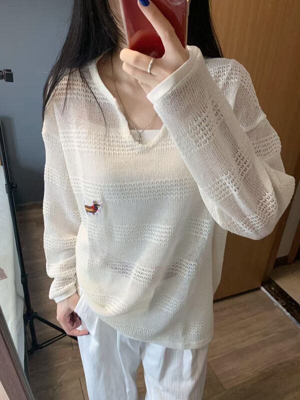 腊肠狗刺绣镂空长袖t恤女春秋宽松慵懒风防晒罩衫设计感小众上衣|undefined