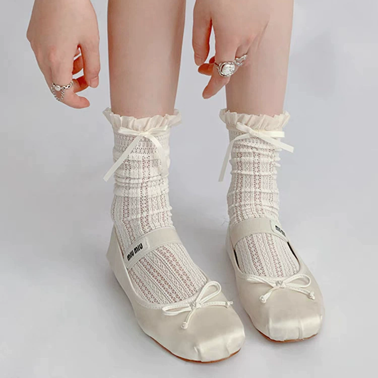 Весна лето белые кружевные носки до колена с бантиком, средняя длина, стиль Lolita, кружевное платье