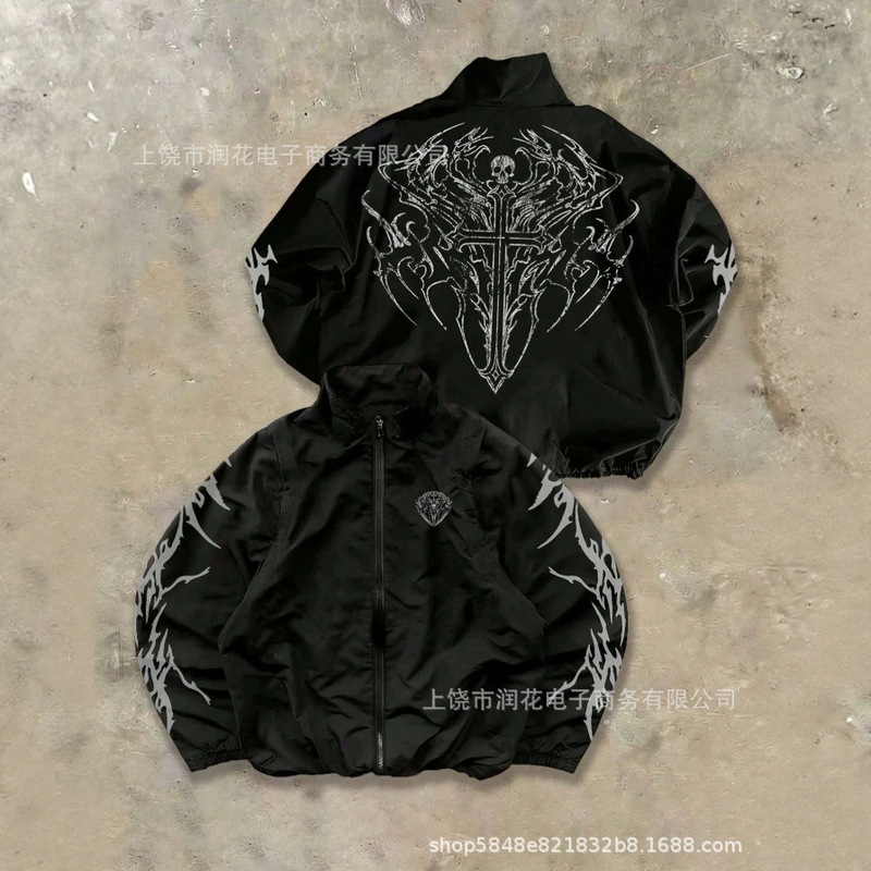 Cross-Border Y2K Subculture Thorn Skull Print Stand-Collar Cardigan Retro Distressed Loose-Fitting Couple's Long Sweatshirt