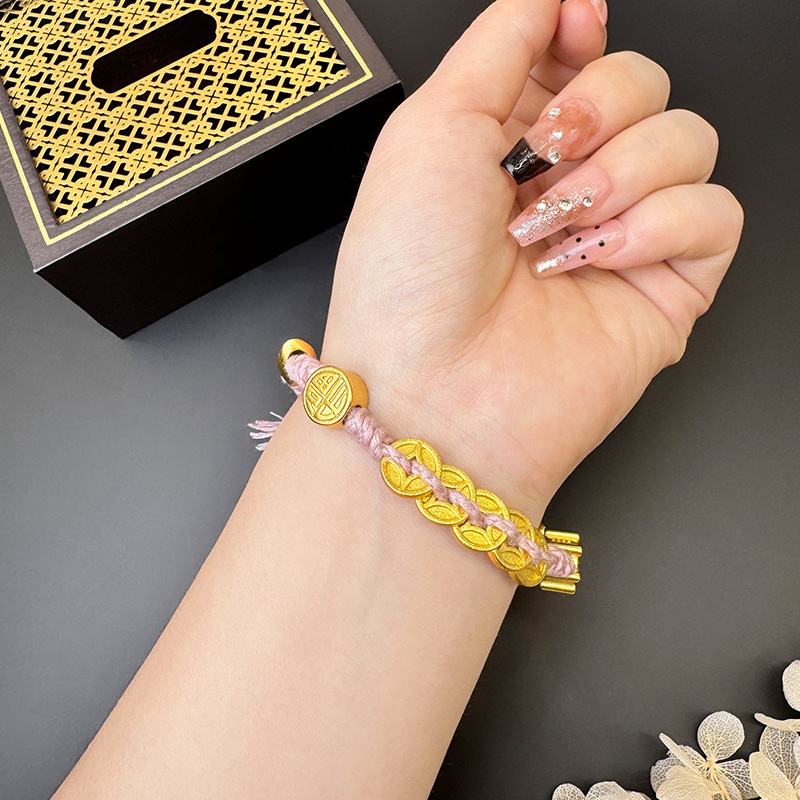 Monedas de bronce franceses antiguas bordas de mano tejida pulsera de oro de arena mujer lujosa ligera joyería retro