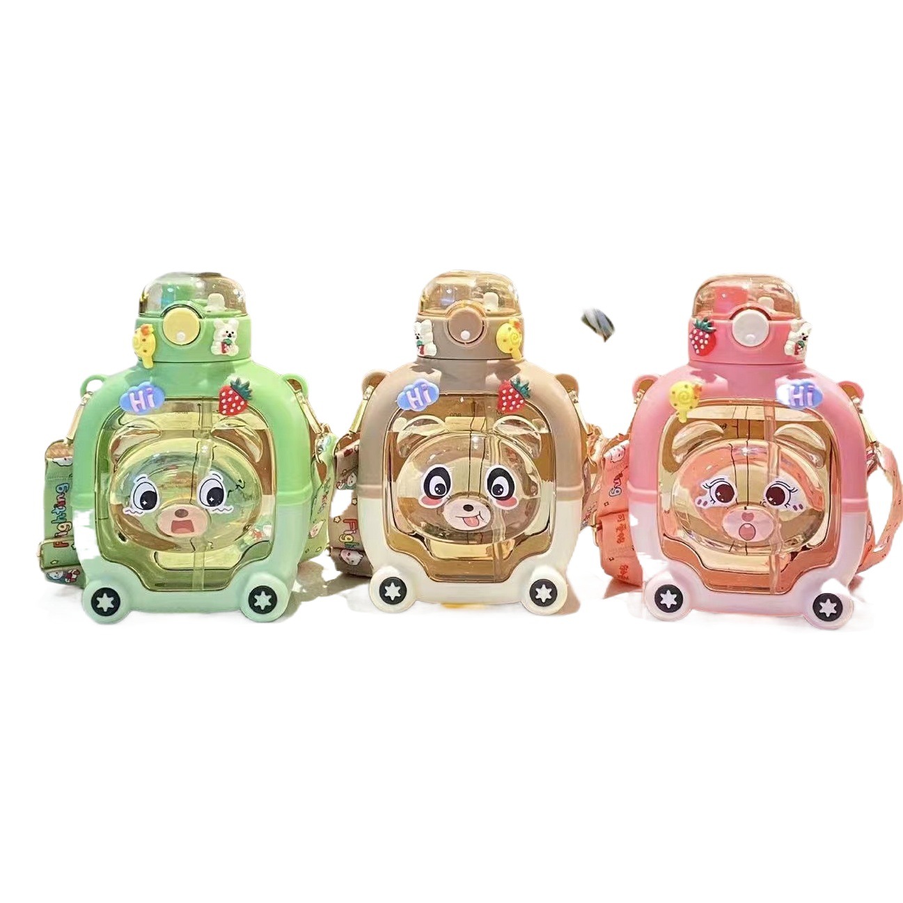 Taza de agua de los niños verano gota-resistente taza de paja portátil niñas de alto aspecto de la taza de agua cruzada mágica oso taza de agua